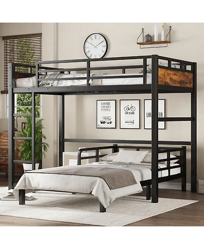 Streamdale Furniture Streamdale Twin Xl over Twin Xl Metal Bunk Bed/Loft Bed with Fence, Vintage Wood-Colored