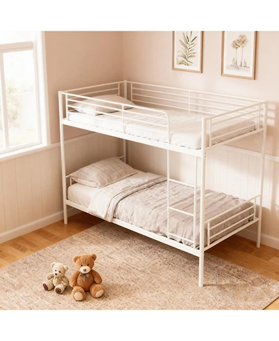Streamdale Furniture Streamdale White Twin Over Twin Metal Bunk Bed with Ladder, Storage, Noise-Free
