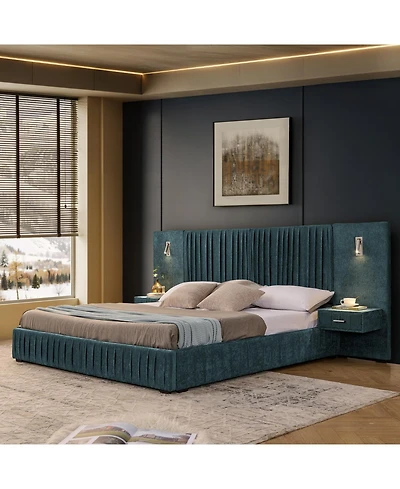 Streamdale King Size Upholstered Bed Frame with Chenille, Pleated Design, No Box Spring Needed-Blue-Green