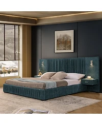Streamdale King Size Upholstered Bed Frame with Chenille, Pleated Design, No Box Spring Needed-Blue-Green