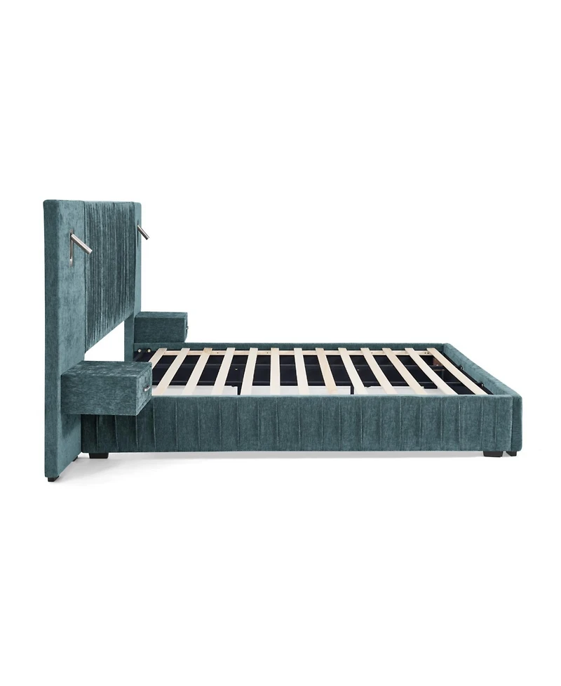 Streamdale Queen Size Chenille Upholstered Bed Frame with Pleated Design - Blue-Green