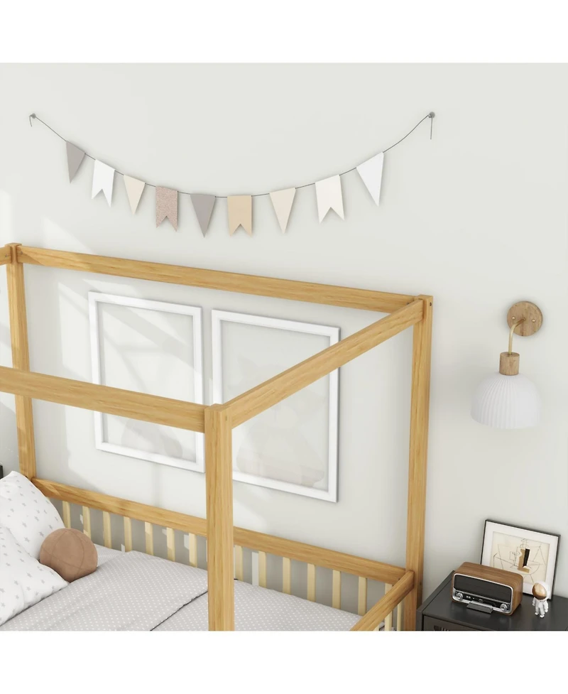 Streamdale Furniture Full Size Canopy Frame Rubber Wood Floor Bed with Fence, Guardrails