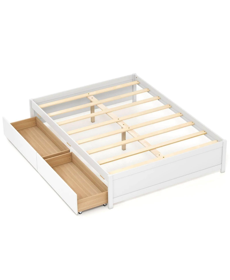 Costway Wooden Platform Bed with 2 Rolling Storage Drawers Wood Slat Support