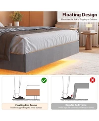 gaomon Floating Bed with Led Light Strips & Usb Charging, Modern Upholstered Headboard, Wood Slats, Noise-Free, Easy Setup