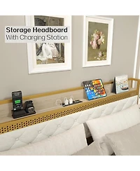 gaomon Velvet Upholstered Platform Bed Frame with Curved Button-Tufted Headboard, Golden Base and Sturdy Wood Slat Support