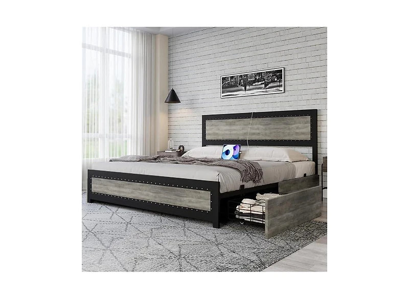 gaomon Bed Frame with Four Storage Drawers and Charging Station, Riveted Headboard Platform Metal Slat Frame, No Box Spring Required