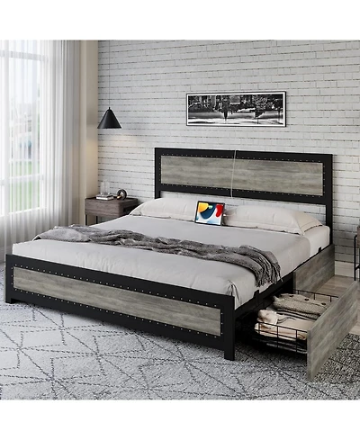 gaomon Bed Frame with Four Storage Drawers and Charging Station, Riveted Headboard Platform Metal Slat Frame, No Box Spring Required