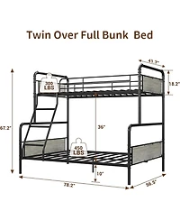 Gaomon Bunk Bed Twin Over Full Size with High Guardrail and Ladder,Twin Size Convertible Metal Bunk Beds for Kids/Teens/Adults,Easy Assembly