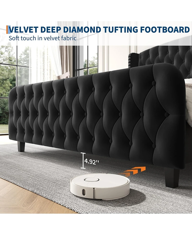 Gaomon Bed Frame with Deep Button Tufted Wingback Headboard and Footboard, Velvet Upholstered Platform Frame, No Box Spring