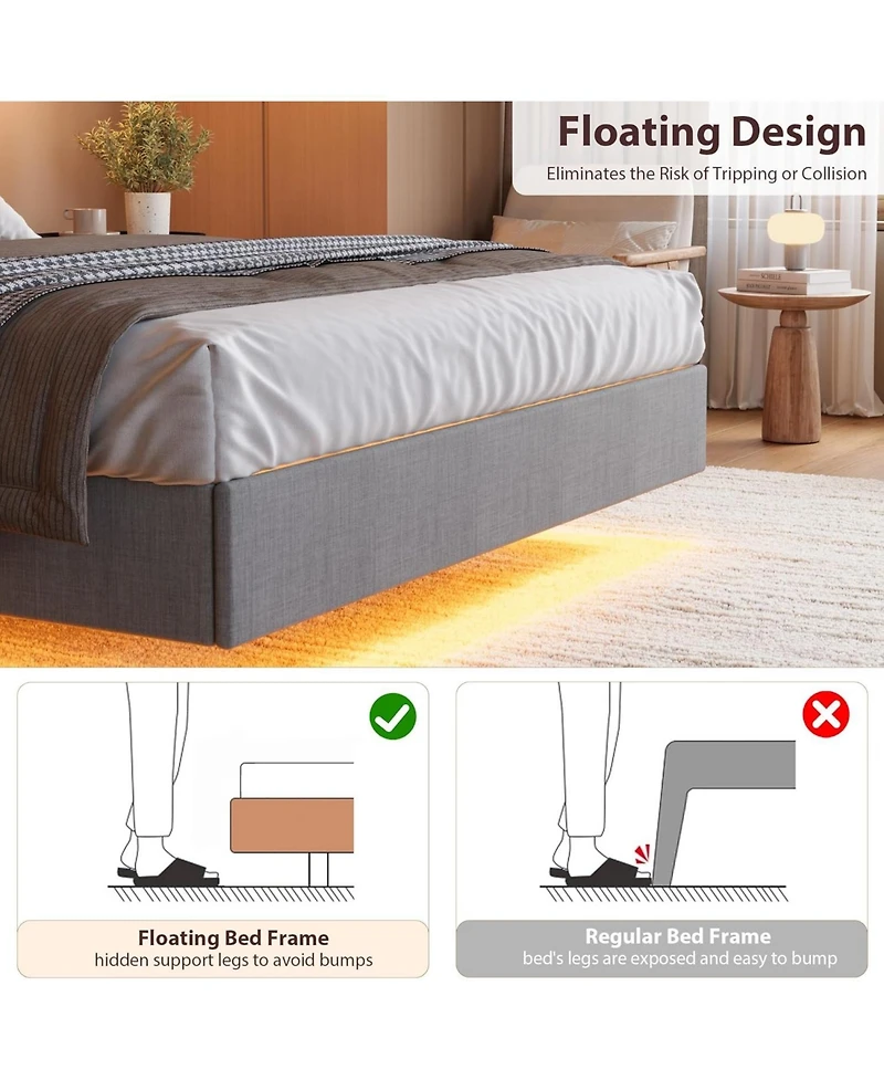 gaomon Floating Bed Frame with Led Lights & Usb Charging – Modern Upholstered Platform Headboard, Solid Wood Slats, No Box Spring