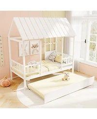 Gymax Twin Size House Bed w/ Trundle Roof Window & Safety Guardrails Slats Support