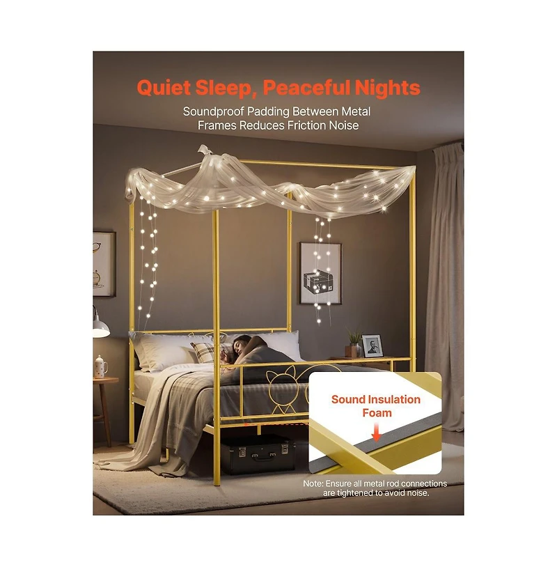 Slickblue Canopy Bed with Metal Frame, Headboard, and Four Posters