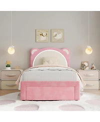 gaomon Twin Kids Upholstered Platform Bed Frame with Adjustable Headboard, Drawer, Led Light, Wood Slats, No Box Spring, Pink