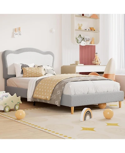 gaomon Full Size Kids Bed Frame with Two-Tone Scalloped Velvet Headboard, Sturdy Slats, No Box Spring Needed, Grey & White