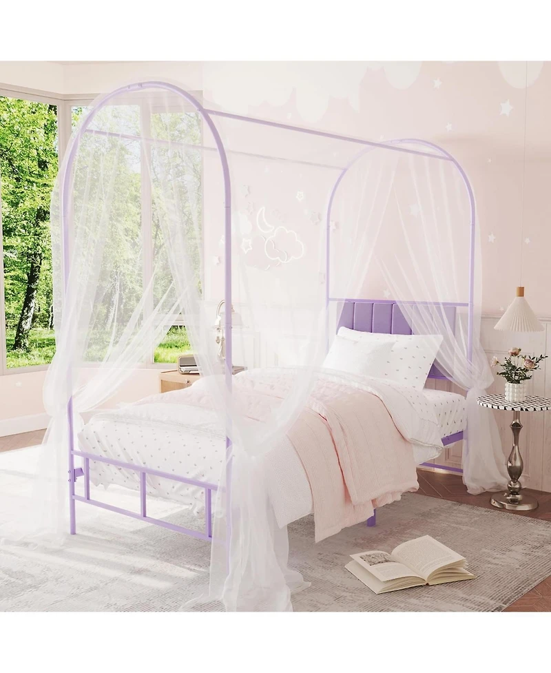 Twin Size Canopy Bed Frame with Upholstered Headboard, Underbed Storage, Decorative Arched Metal, Purple