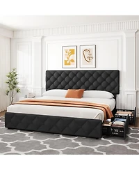 gaomon King Size Platform Bed Frame Adjustable Headboard 4 Drawers Modern Grey Upholstered with Footboard Wood Slats