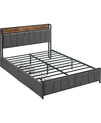 gaomon Queen Bed Frame Linen Upholstered Storage Headboard 2 Drawers Built-in Charging Station Heavy Duty Noise Free