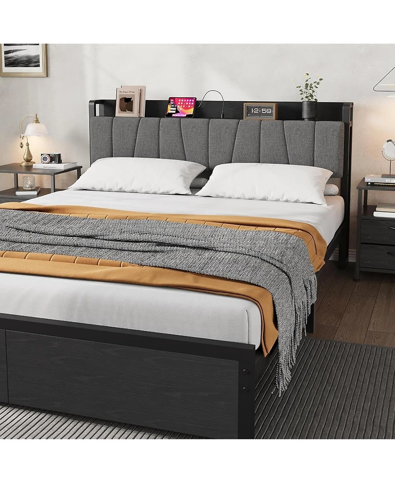 gaomon Queen Size Black Platform Bed Frame Metal+Pb Board Upholstered Two Mesh Drawers Charging Station Metal Slats No Box Spring