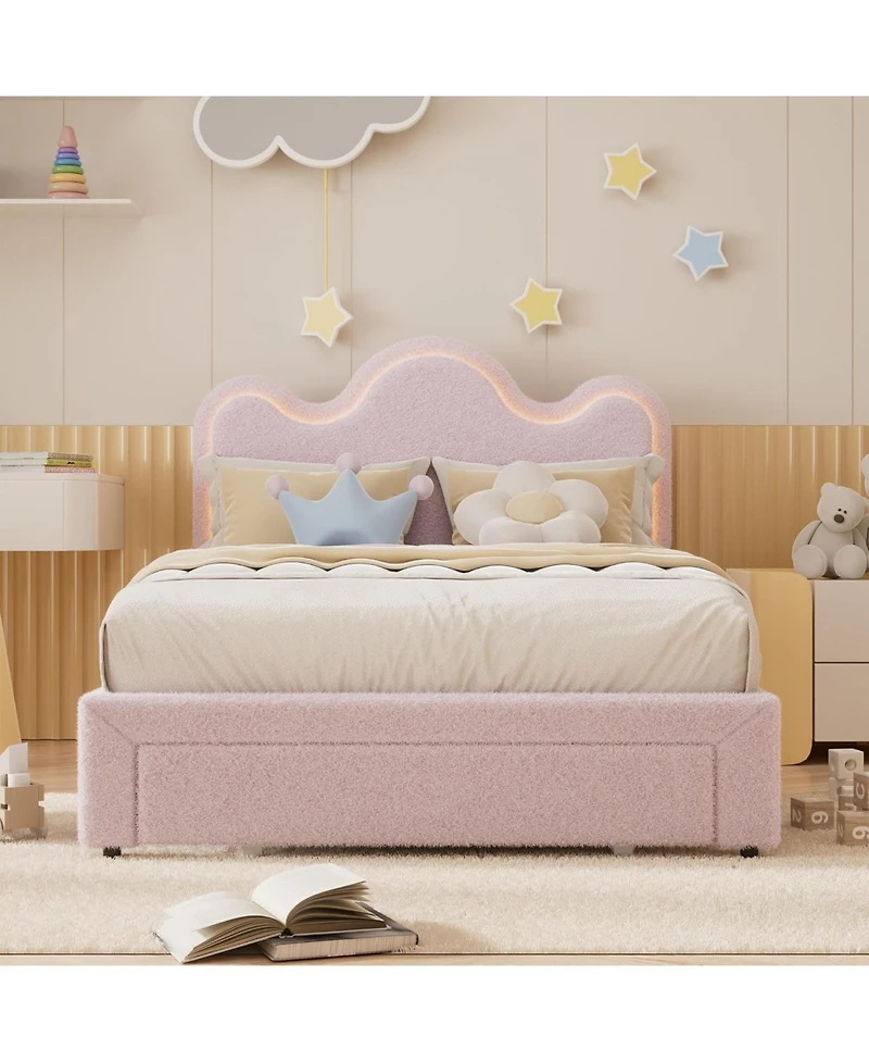 gaomon Full Size Boucle Upholstered Led Platform Bed Frame with Storage Drawers Flower Headboard