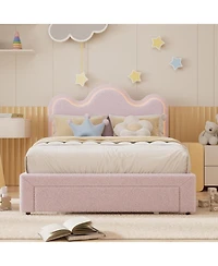 gaomon Full Size Boucle Upholstered Led Platform Bed Frame with Storage Drawers Flower Headboard