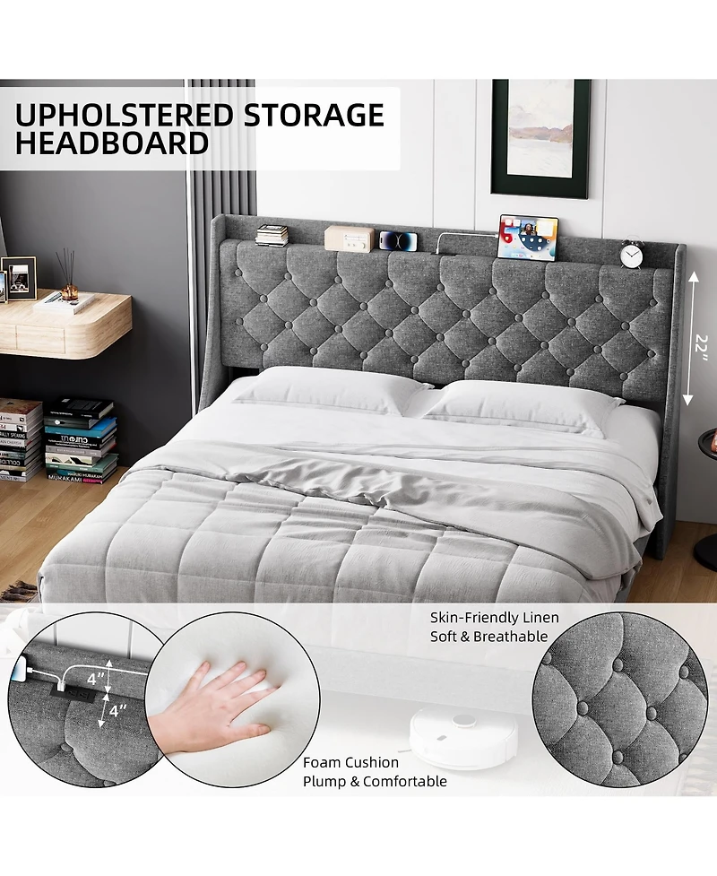 Gaomon Easy Assembly King Size Upholstered Bed Frame Space Saving, for Living Room, Guest Room