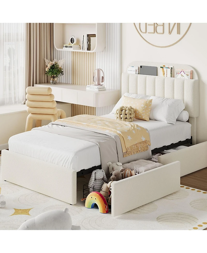 gaomon Twin Xl Bed Frame for Kids, Boucle Upholstered Platform Bed for Girls with 2 Flexible Drawers, Bookcase Headboard