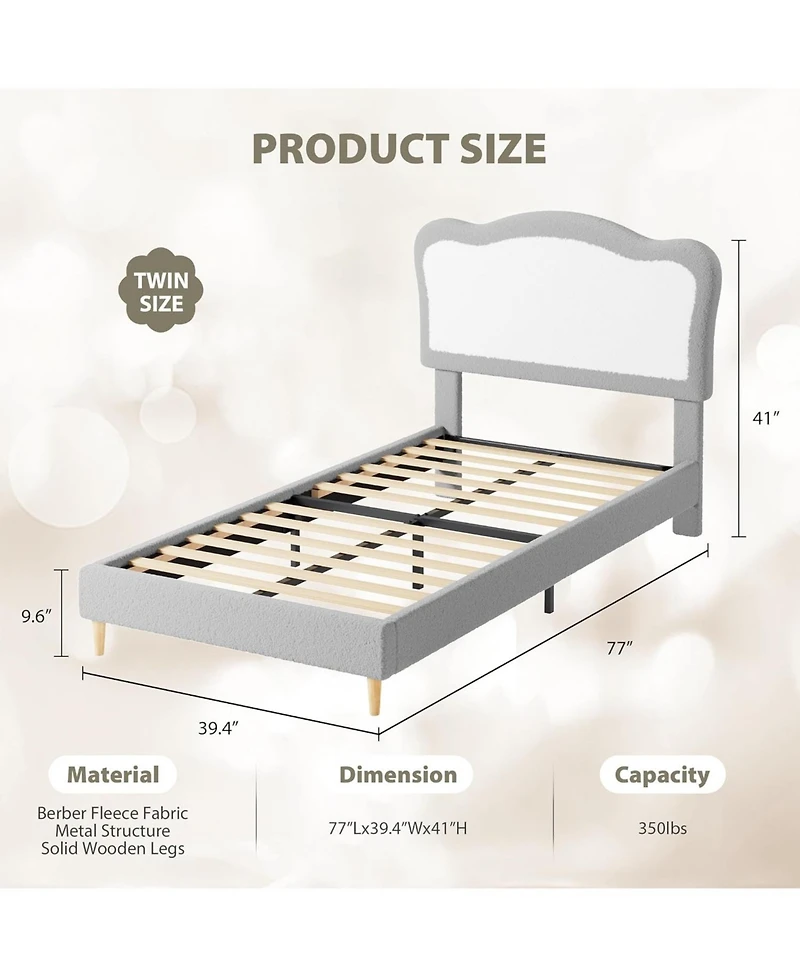 Gaomon Twin Velvet Bed Frame for Kids – Upholstered Scallop Headboard, Sturdy Platform, Wooden Slats,Grey White