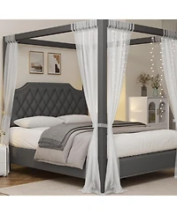 gaomon Full Size Upholstered Canopy Bed with Tufted Headboard and Nailhead Trim, Elegant Platform Frame, No Box Spring Required