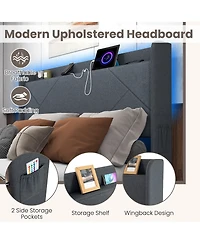 Gymax Full Bed Frame w/Led Lights Charging Station 2 Storage Pockets & 4 Drawers
