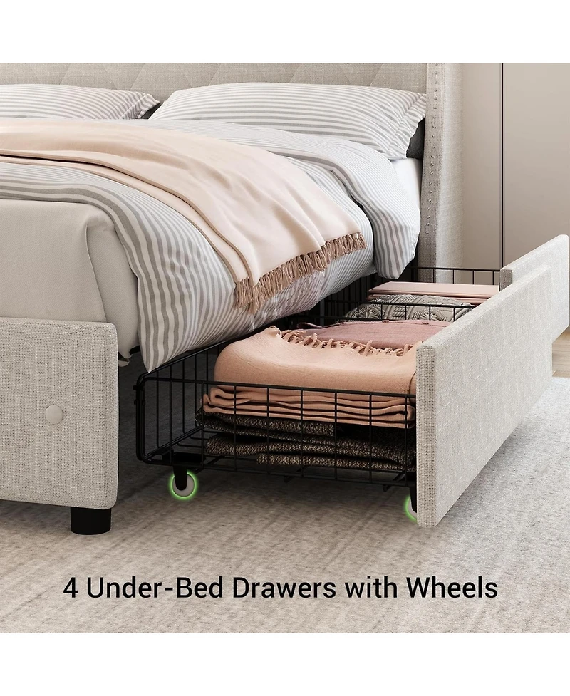 gaomon Upholstered Bed Frame with 4 Storage Drawers, Headboard and Storage, Platform Bed Frame with Charging Station & Wingback, No Box Spring Needed