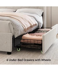 gaomon Upholstered Bed Frame with 4 Storage Drawers, Headboard and Storage, Platform Bed Frame with Charging Station & Wingback, No Box Spring Needed