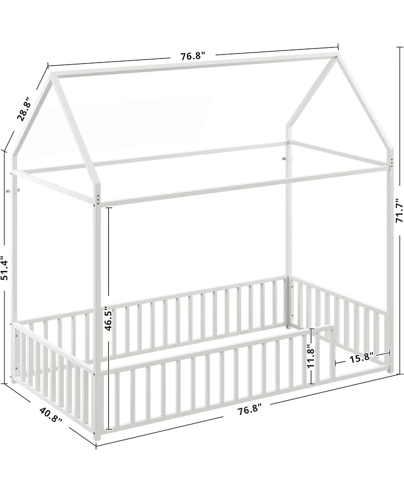 Likimio Twin Floor Bed Frame with Roof & Guardrails, Metal House Bed, White, No Box Spring