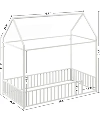 Likimio Twin Floor Bed Frame with Roof & Guardrails, Metal House Bed, White, No Box Spring