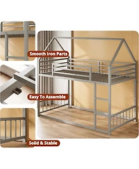 Likimio Bunk Bed Twin Over Twin, House Bunk Bed Frame with Ladder and Guardrail, House Shaped with Metal Slats for Dormitory and Bedroom