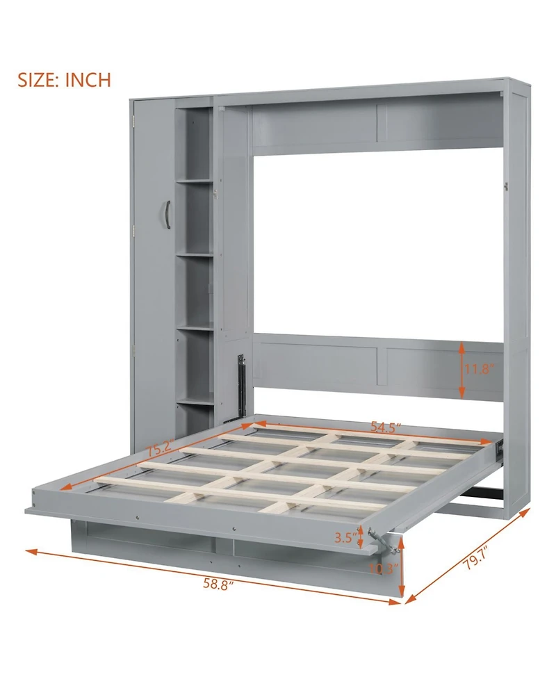 Streamdale Furniture Full Murphy Bed Wall with Shelves, Wardrobe and Led Lights, Gray