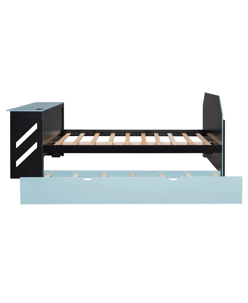 Streamdale Furniture Full Wood Daybed with Twin Trundle, Desk and Usb, Cloud Blue