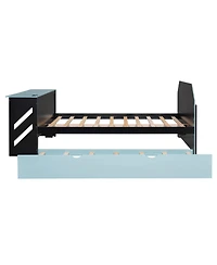 Streamdale Furniture Full Wood Daybed with Twin Trundle, Desk and Usb, Cloud Blue