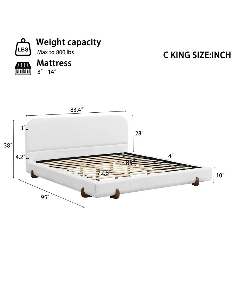 Streamdale Unique Design White Fabric Upholstered Bed Frame with Solid Wood Legs, California King