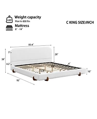 Streamdale Unique Design White Fabric Upholstered Bed Frame with Solid Wood Legs, California King