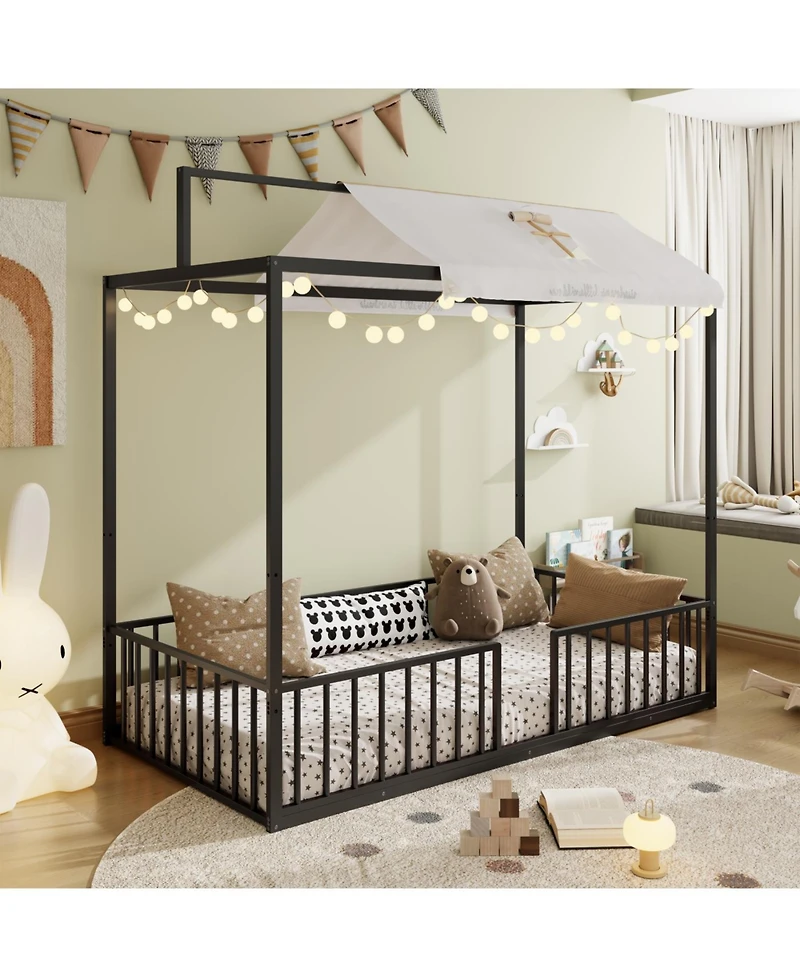 Streamdale Furniture Montessori 3-in-1 Convertible Metal Toddler Bed with Canopy, Twin, Black