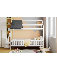Streamdale Furniture Twin Size Wood House Bed with Fence, White+Gray
