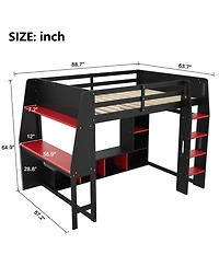 Streamdale Furniture Wood Gaming Loft Bed w/ Desk, Shelves, Led, Rack, Black