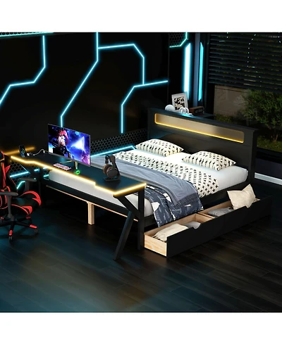 Streamdale Furniture Full Size Wooden Gaming Bed with Led Headboard, Desk, Usb & Storage, Black