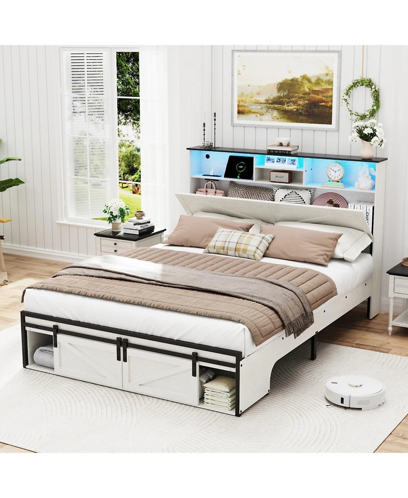 Streamdale Furniture Farmhouse Queen Storage Bed Frame with Charging Station & Led Lights, White