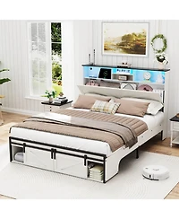 Streamdale Furniture Farmhouse Queen Storage Bed Frame with Charging Station & Led Lights, White