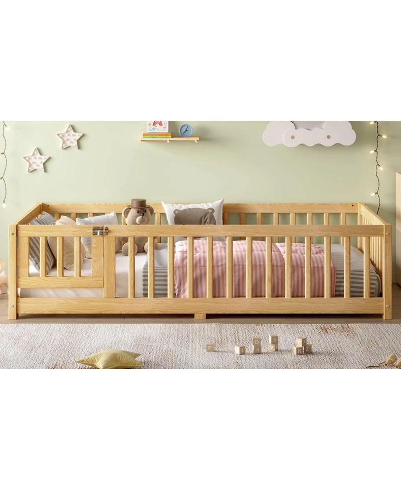 Streamdale Twin Size Floor Bed with Guardrails and Door for Kids, Natural
