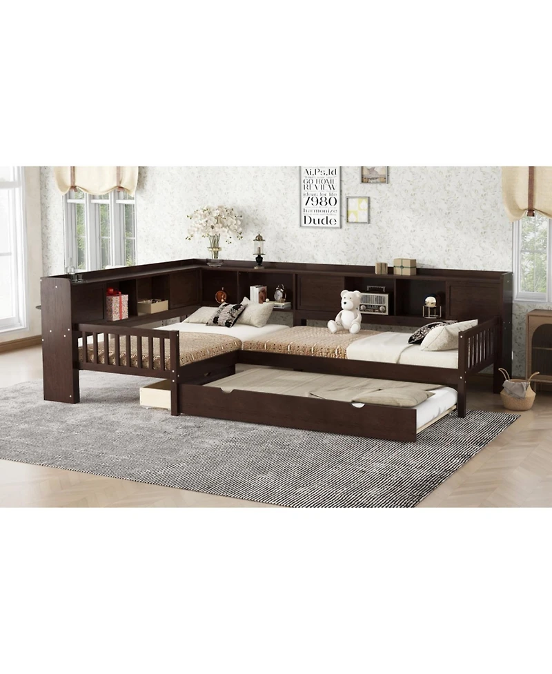 Streamdale Furniture L-shaped Twin Platform Bed w/ Trundle, Storage Drawers & Shelves, Espresso