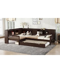 Streamdale Furniture L-shaped Twin Platform Bed w/ Trundle, Storage Drawers & Shelves, Espresso