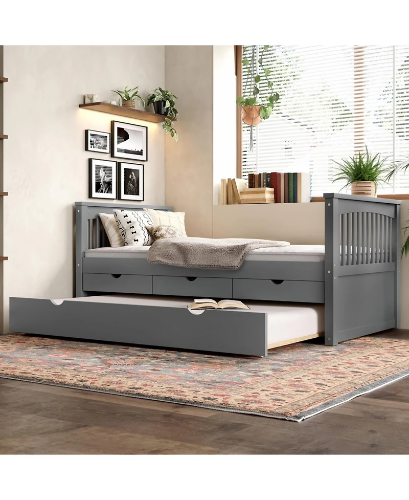 Streamdale Furniture Streamdale Twin Platform Bed with Drawers and Trundle, Solid Wood Daybed, Gray