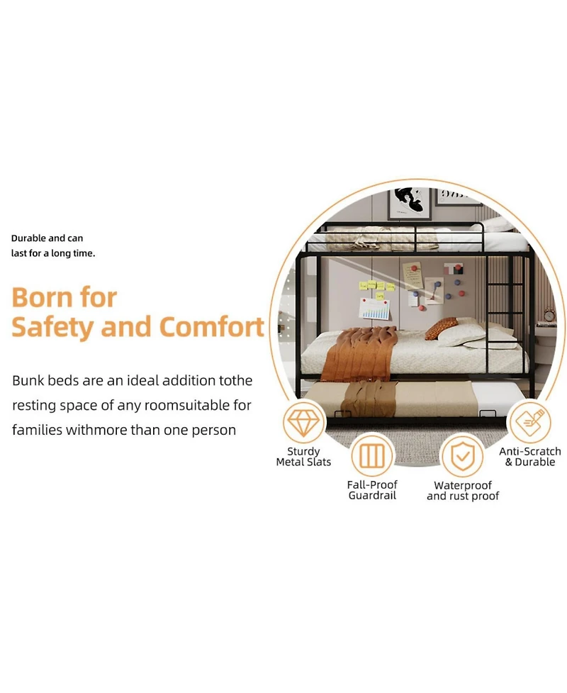 Streamdale Furniture Durable Square Tube Iron Bunk Bed with Safety Rails - Queen Size